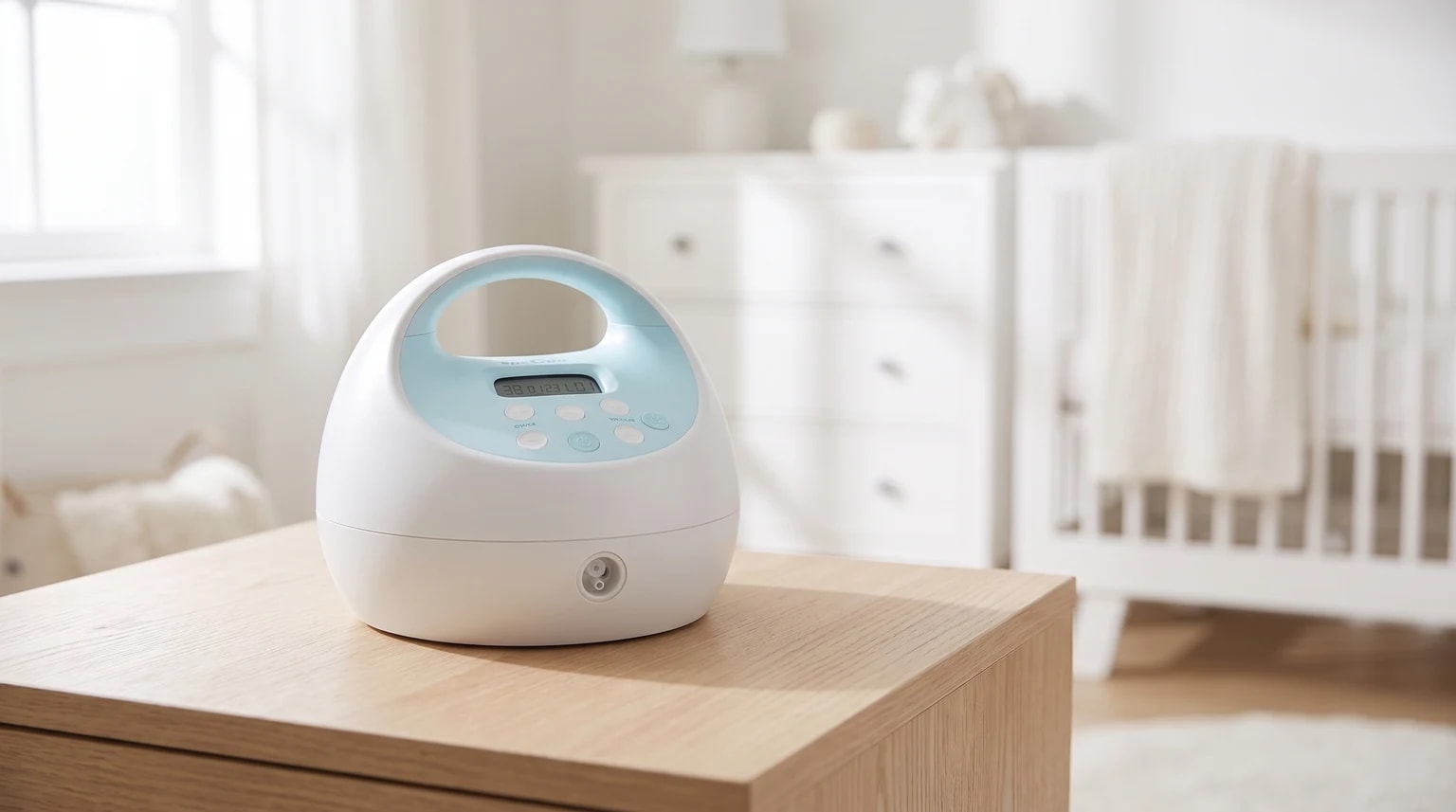 A portable electric breast pump with a light blue handle, resting on a wooden table in a softly-focused nursery setting.