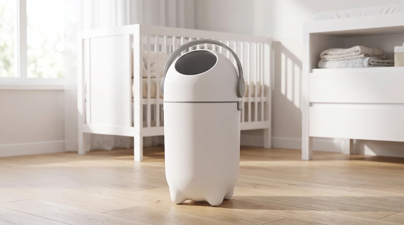 Lixeira Buba branca e cinza no chão de um quarto de bebê, com um berço e uma cômoda brancos ao fundo.
