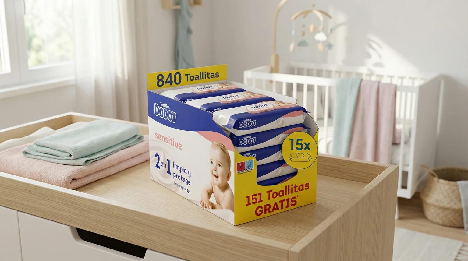Uma caixa grande de toalhitas Dodot Sensitive pousada numa mesa de muda de fraldas de madeira clara, num quarto de bebé luminoso e sereno.
