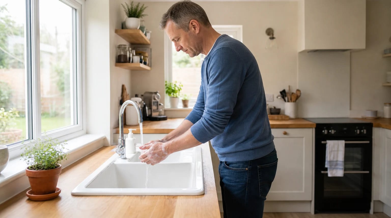 A visitor washing their hands at a kitchen sink before meeting a newborn.