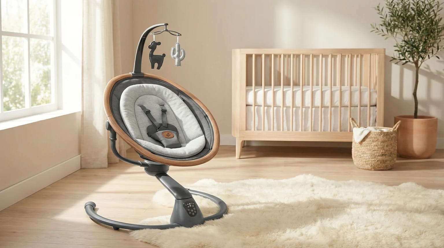 Espreguiçadeira automática Maxi-Cosi Cassia num quarto de bebé luminoso e minimalista, junto a um berço de madeira clara.