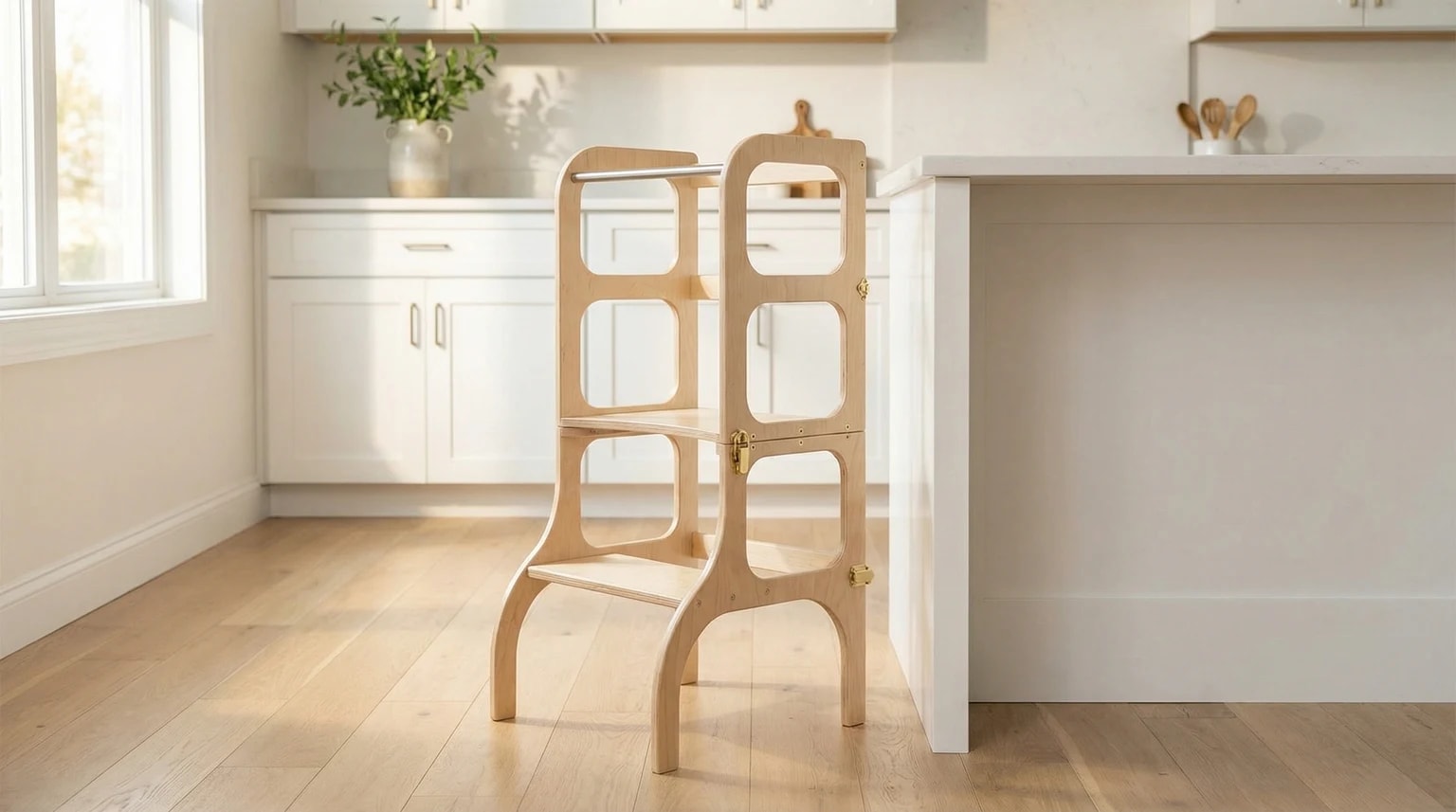 Torre de aprendizagem de madeira clara junto a um balcão de cozinha branco e luminoso.
