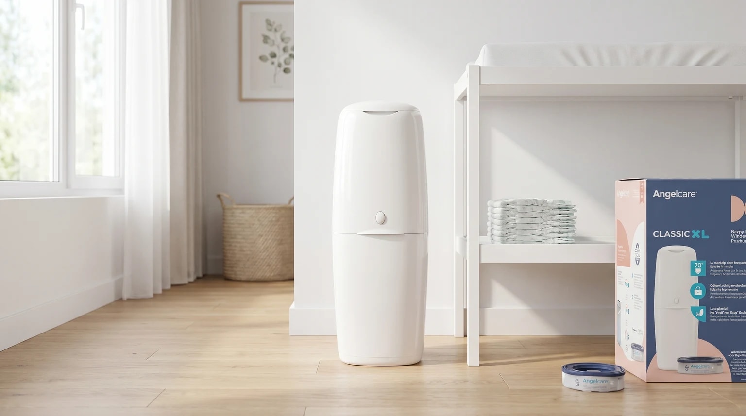 O contentor de fraldas branco Angelcare Classic XL num quarto de bebé luminoso, com a caixa e uma recarga pousadas junto a um fraldário branco.