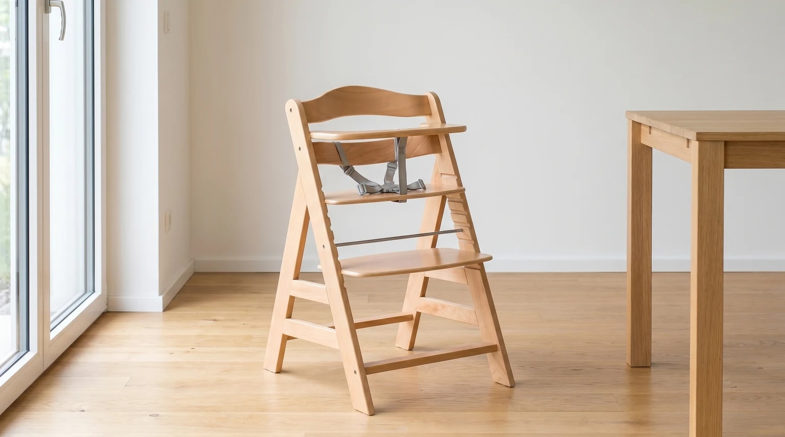 A light wood adjustable high chair with a grey harness, standing on a wooden floor next to a matching dining table.