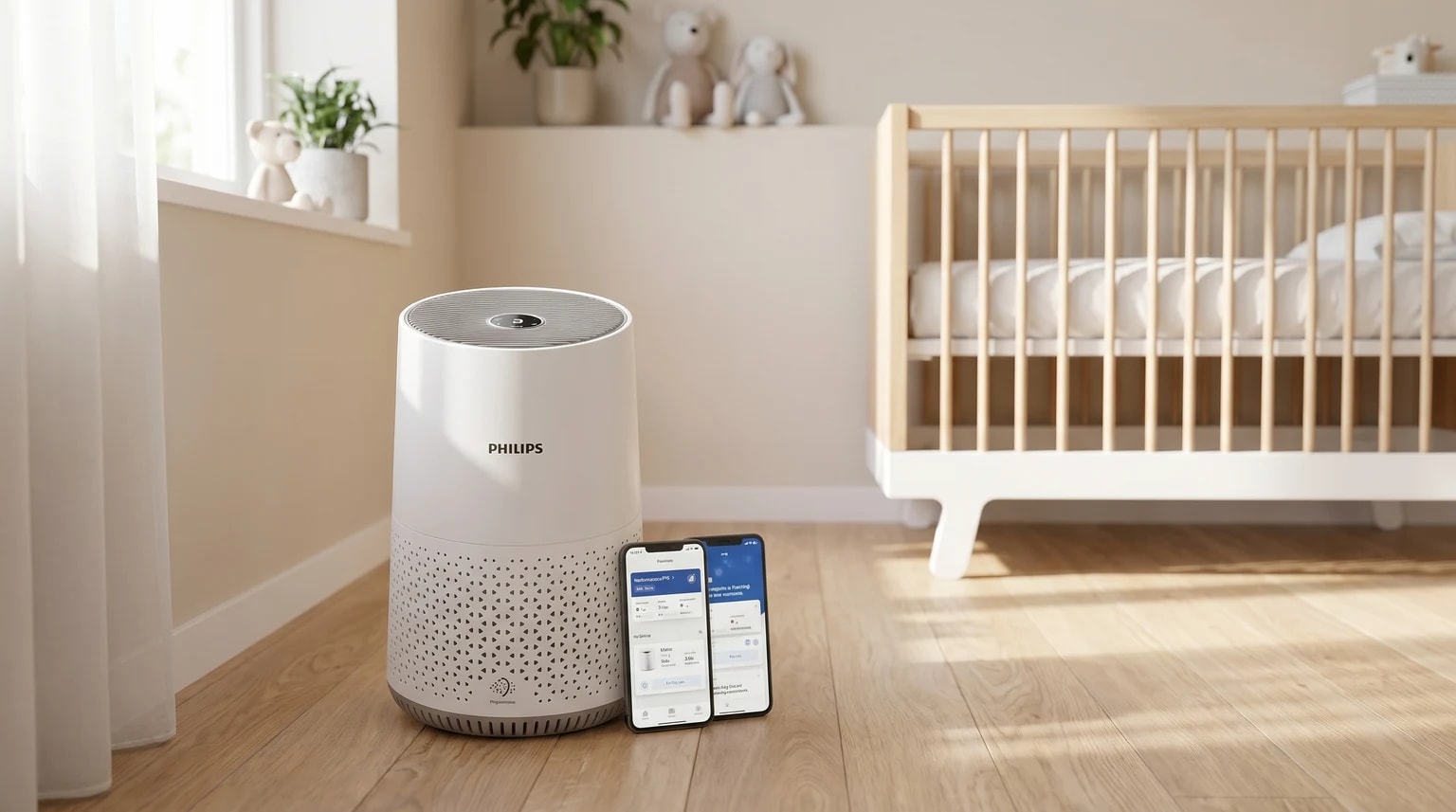 A white Philips air purifier on the wooden floor of a baby's nursery next to a cot, with two smartphones leaning against it displaying the app.