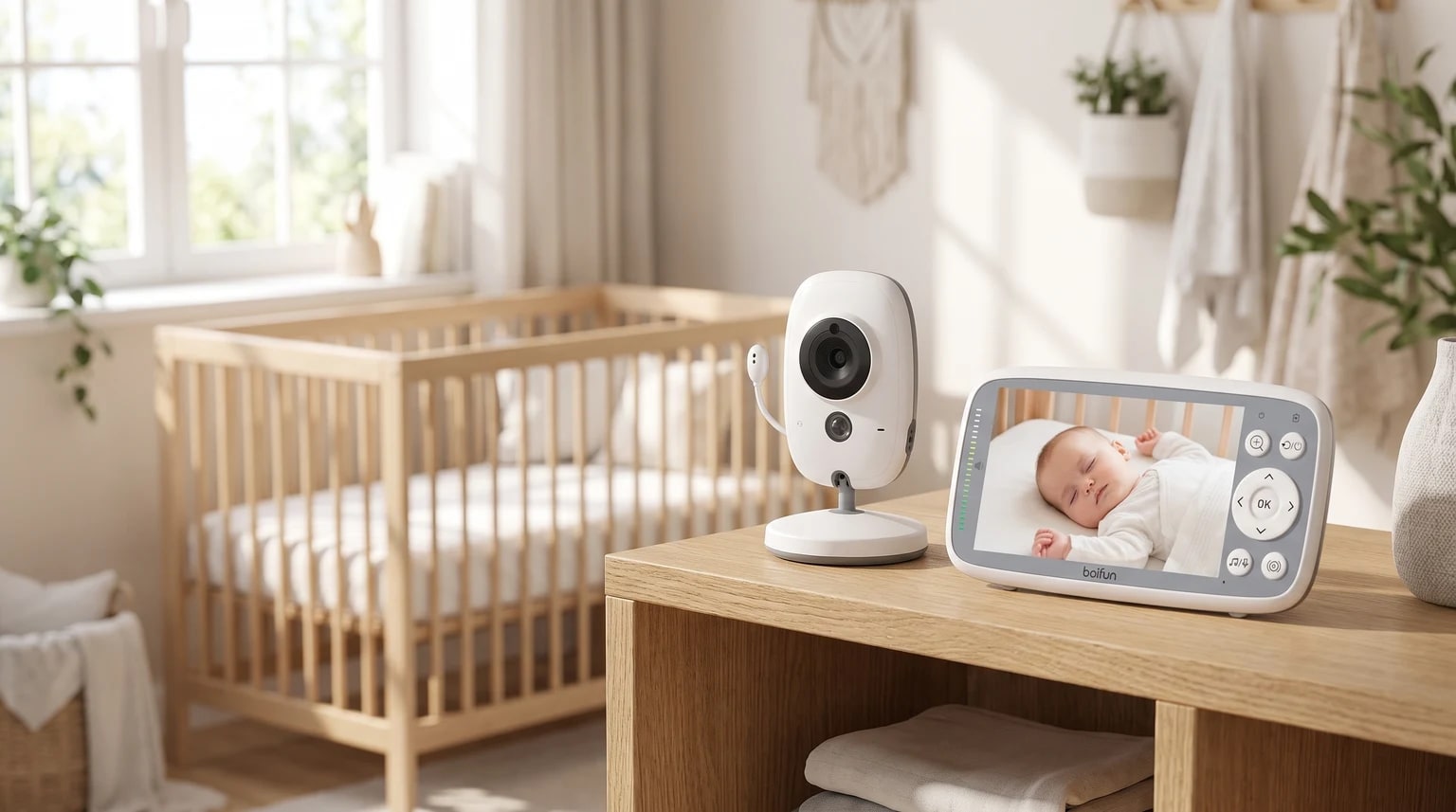 A white video baby monitor on a wooden surface in a bright nursery. The screen displays a clear image of a baby sleeping peacefully in their cot.
