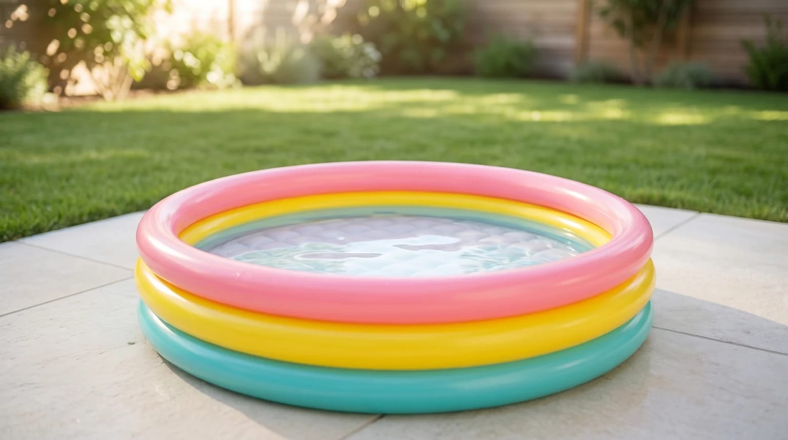 Piscina insuflável de três anéis coloridos num pátio soalheiro, com água rasa no interior.