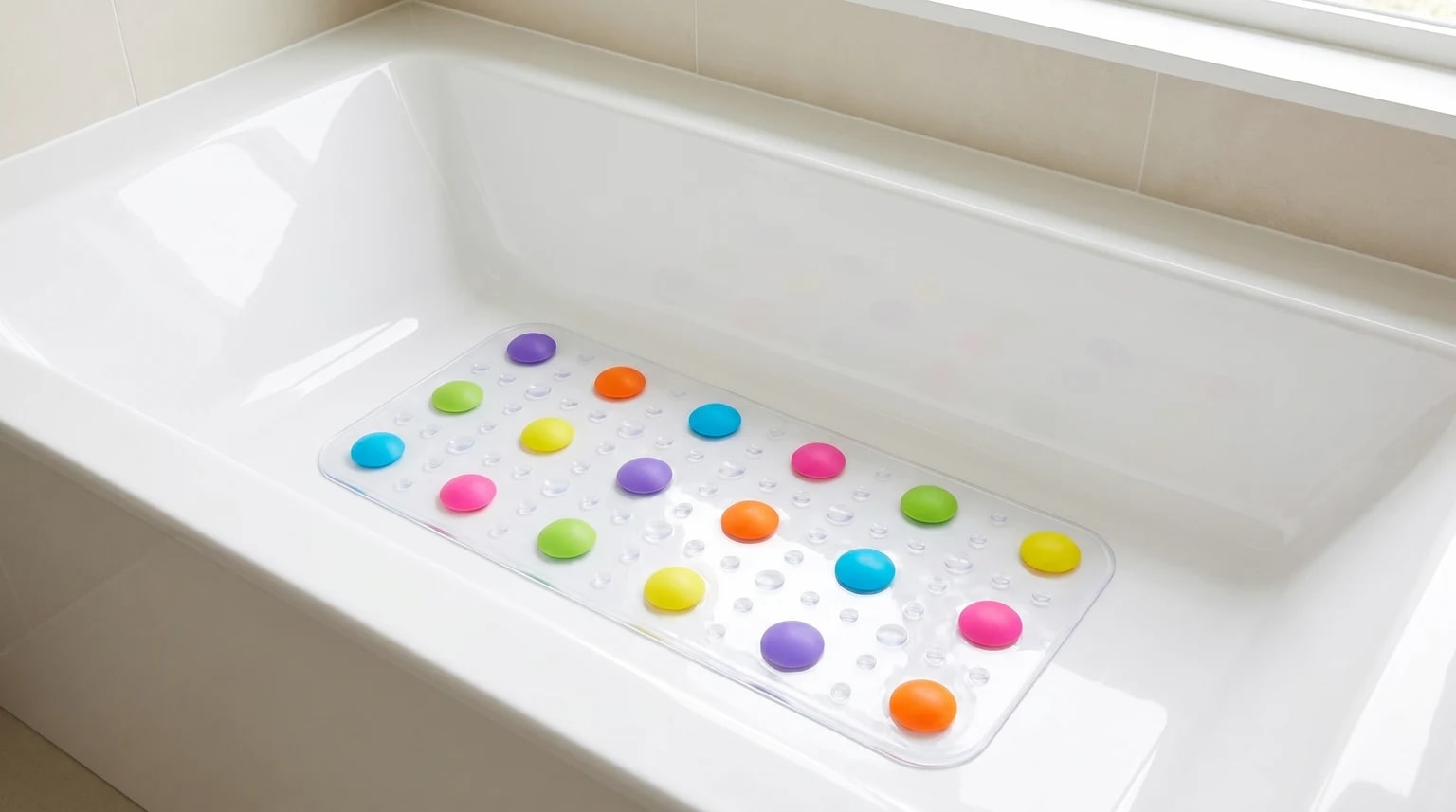 A clear anti-slip bath mat with raised, colourful dots sits inside a white bath.