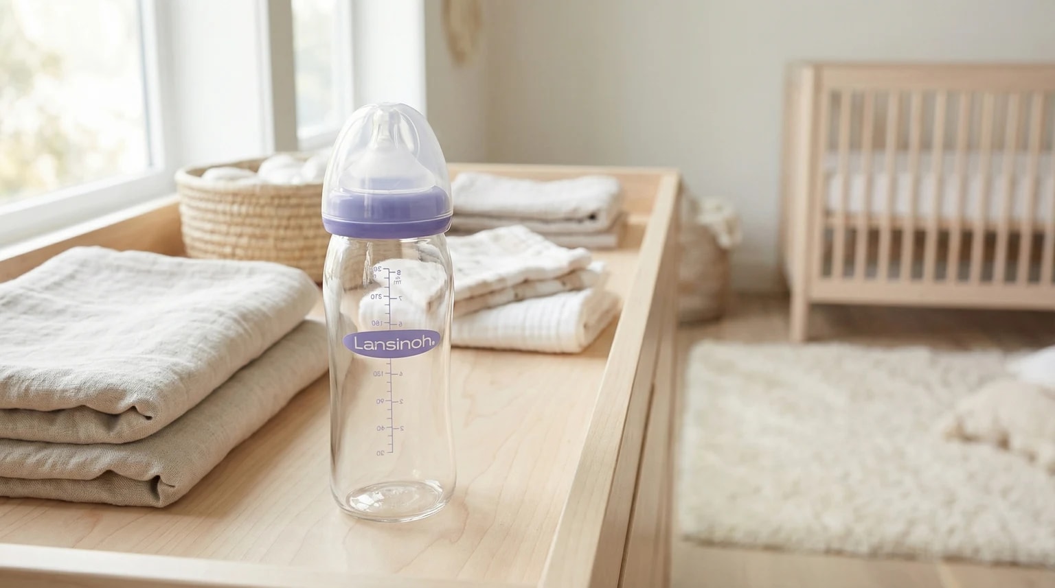 Biberão de vidro da Lansinoh com anel roxo, pousado numa mesa de madeira clara num quarto de bebé luminoso e sereno.