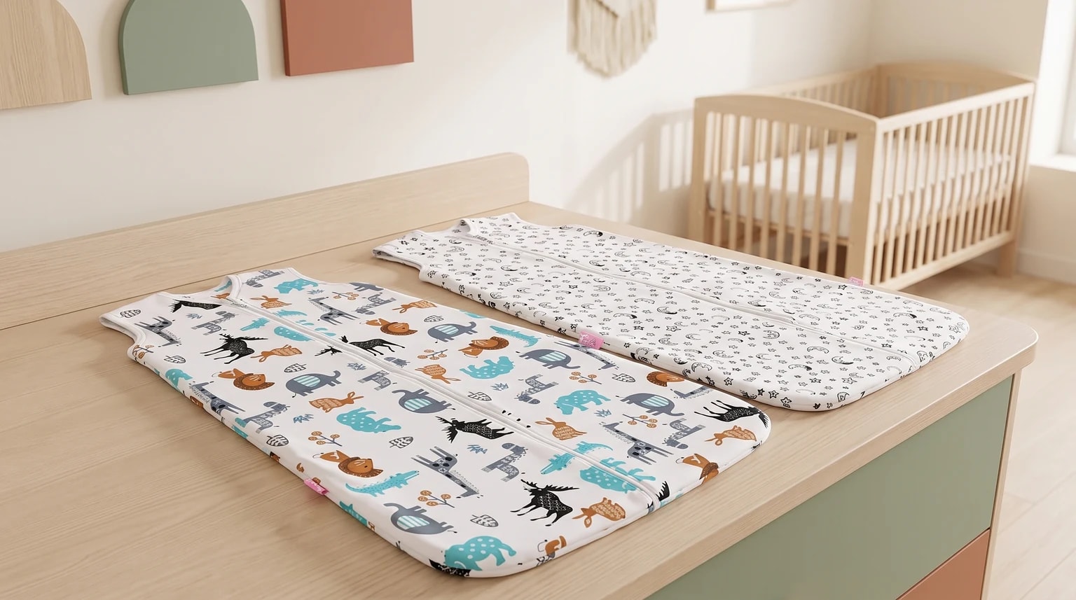 Dois sacos de dormir para bebê, um com animais e outro com luas e estrelas, sobre um trocador.