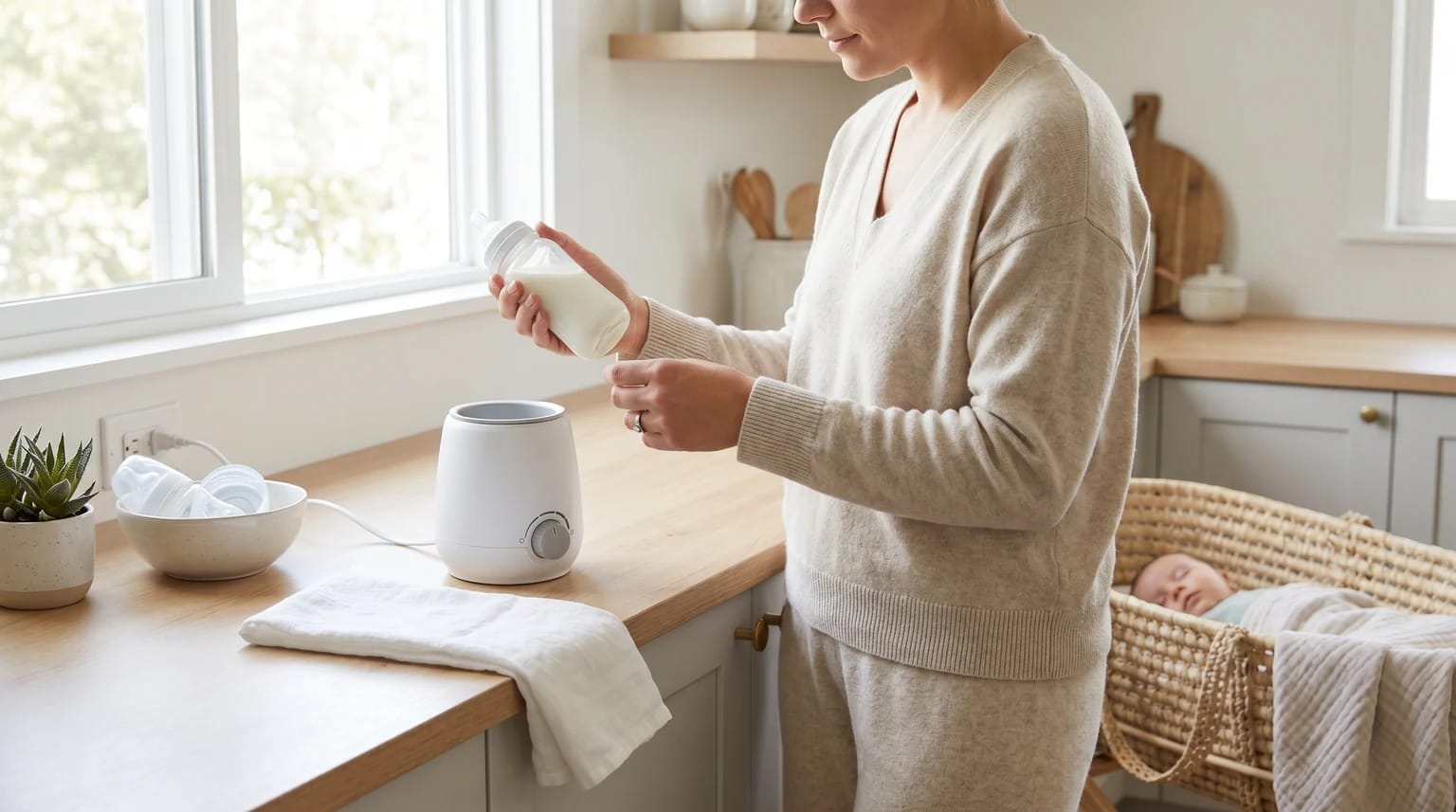 A parent in a bright kitchen prepares a baby's bottle with an electric warmer on the worktop, while their baby sleeps peacefully in a nearby basket.