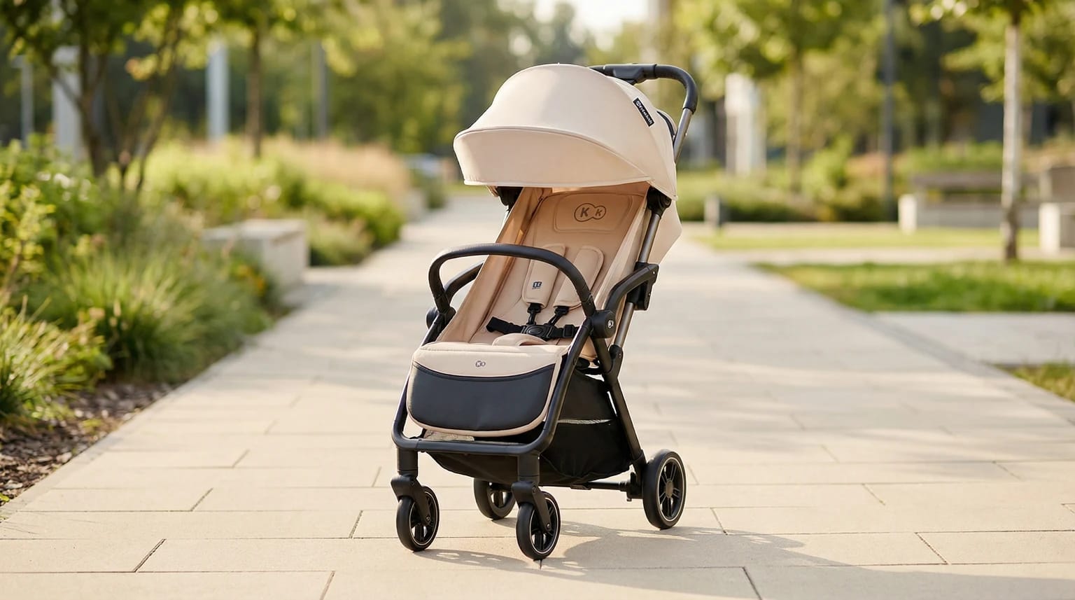 Carrinho de bebé Kinderkraft APINO em bege e preto, num passeio soalheiro junto a um parque moderno e tranquilo.