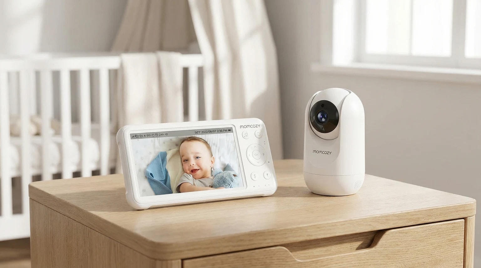 O intercomunicador de bebé Momcozy branco pousado numa mesa de cabeceira de madeira clara, com a câmara ao lado e o ecrã ligado num quarto de bebé luminoso.