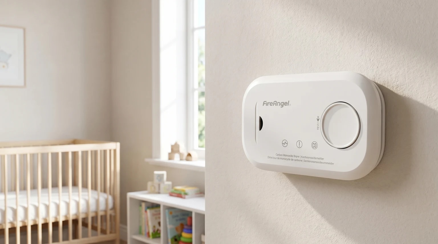 Um detetor de monóxido de carbono branco da FireAngel montado numa parede de cor clara, num quarto de criança luminoso e sereno.