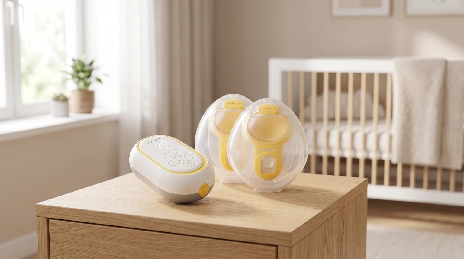 A compact electric breast pump and two wearable collection cups on a wooden table, with a baby's cot in the background.