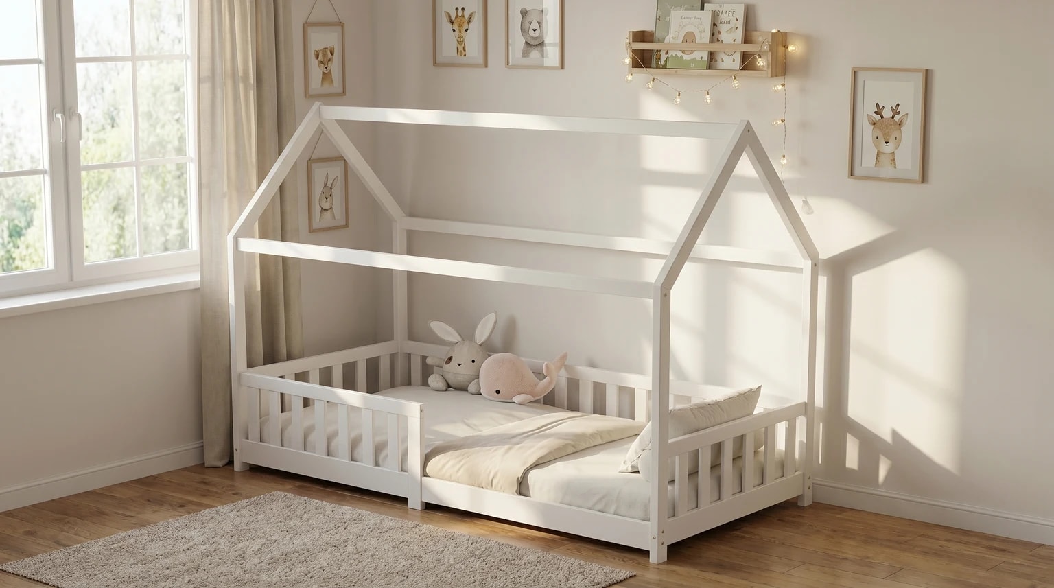 Cama Montessori branca em forma de casa, num quarto de criança luminoso e sereno, com roupa de cama clara e dois peluches sobre a cama.