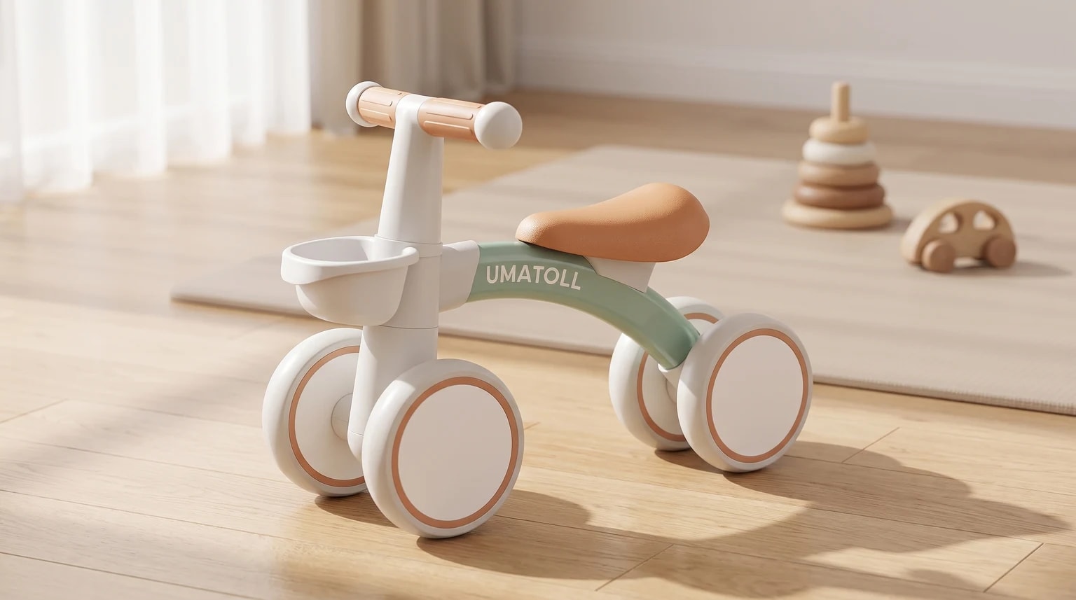 A white and mint green Umatoll baby balance bike with a tan-coloured seat and handlebars, sitting on a light wood floor.