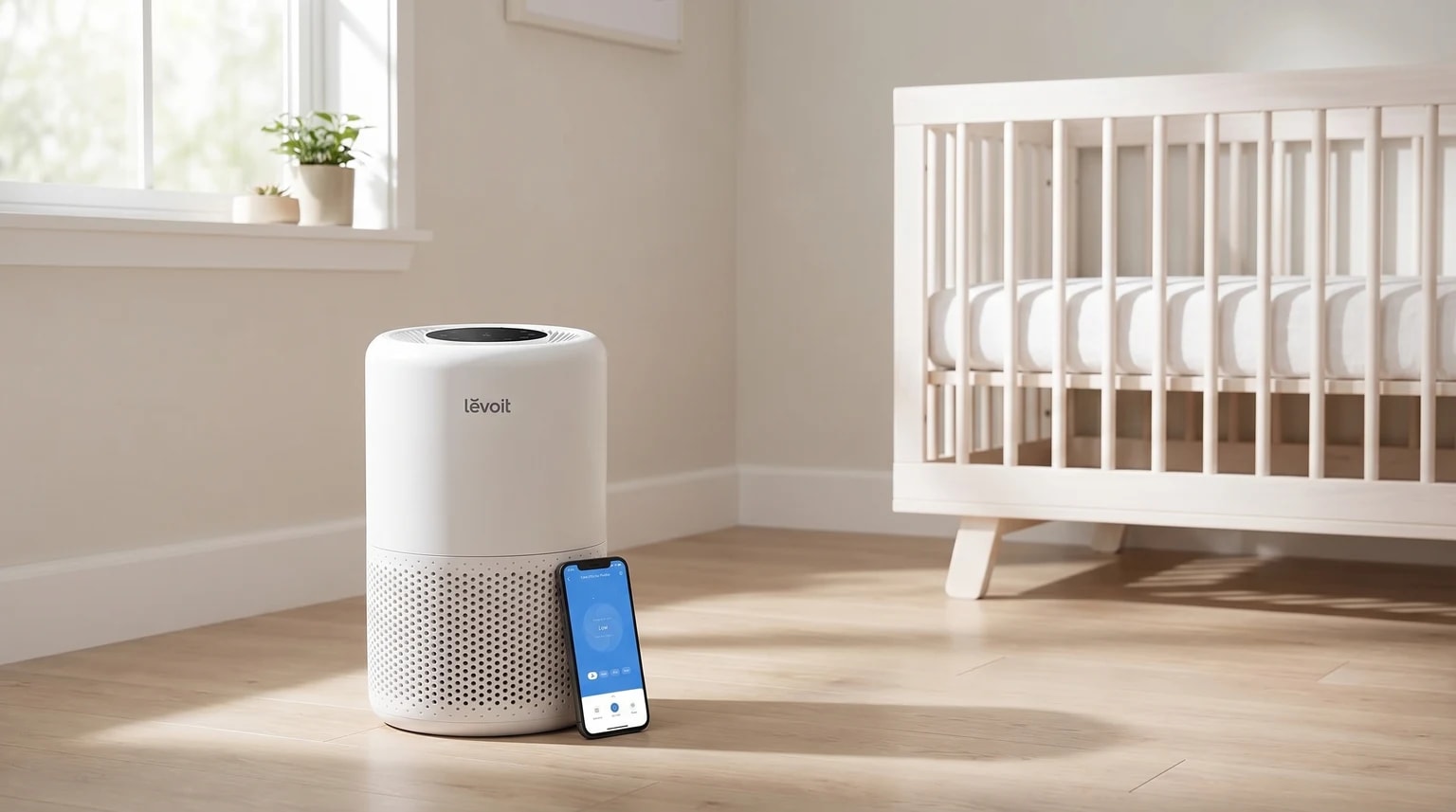 Purificador de ar Levoit branco com smartphone apoiado ao lado, junto a um berço branco num quarto de bebé luminoso.