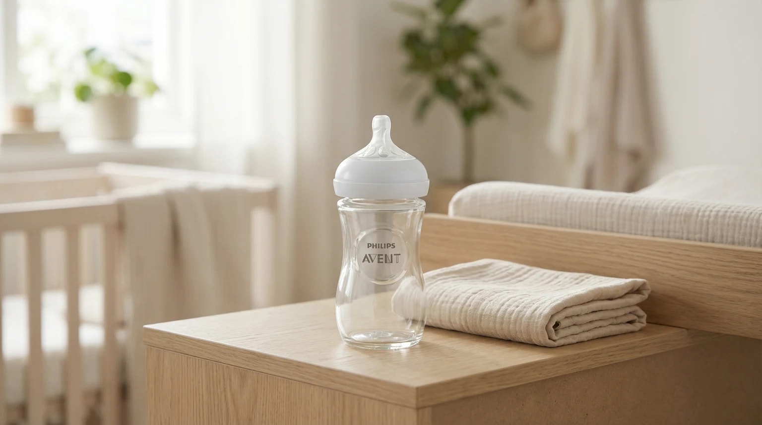 Biberão de vidro Philips Avent Natural Response pousado numa superfície de madeira clara, num quarto de bebé luminoso e sereno.