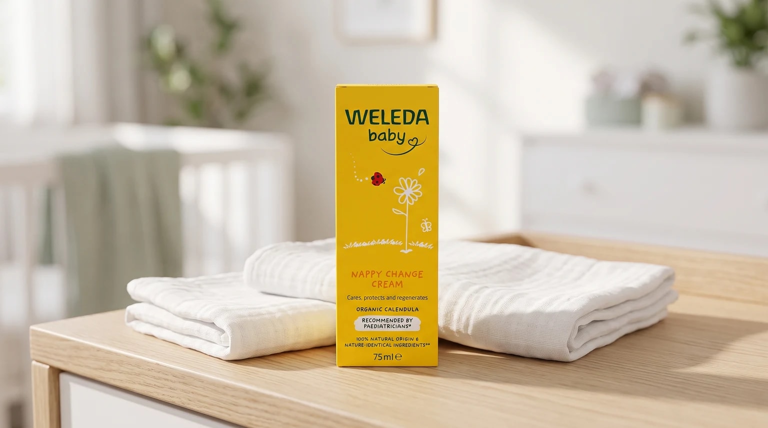 A yellow box of Weleda Baby Nappy Change Cream standing on a wooden changing table beside two folded white muslin cloths.