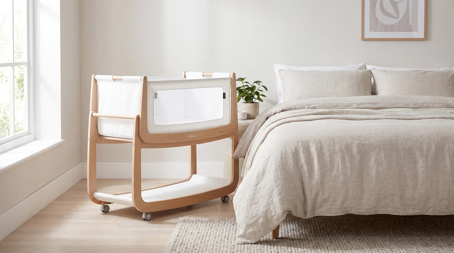 A light wood and white bedside crib positioned next to a parent's bed with neutral linen bedding in a brightly lit bedroom.
