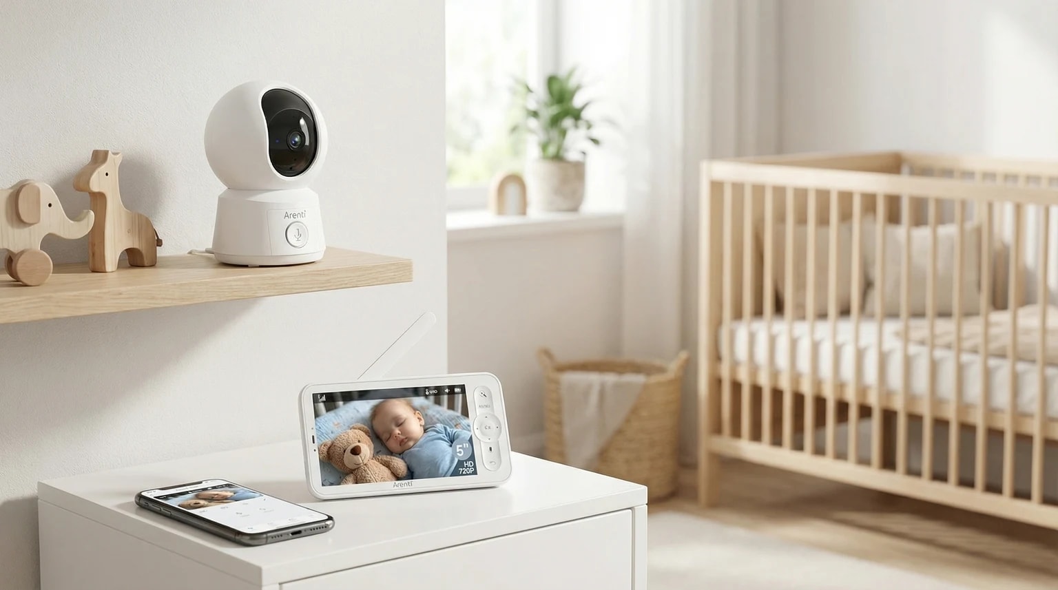 Sistema de monitor de bebé Arenti num quarto de bebé moderno e luminoso, com a câmara numa prateleira de madeira e o monitor dos pais ao lado de um telemóvel sobre um criado-mudo branco.