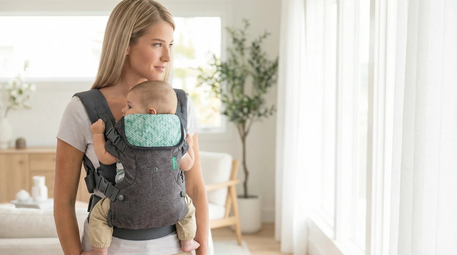 Mãe a usar um marsúpio cinzento da Infantino com o seu bebé, num ambiente de sala de estar moderno e luminoso.