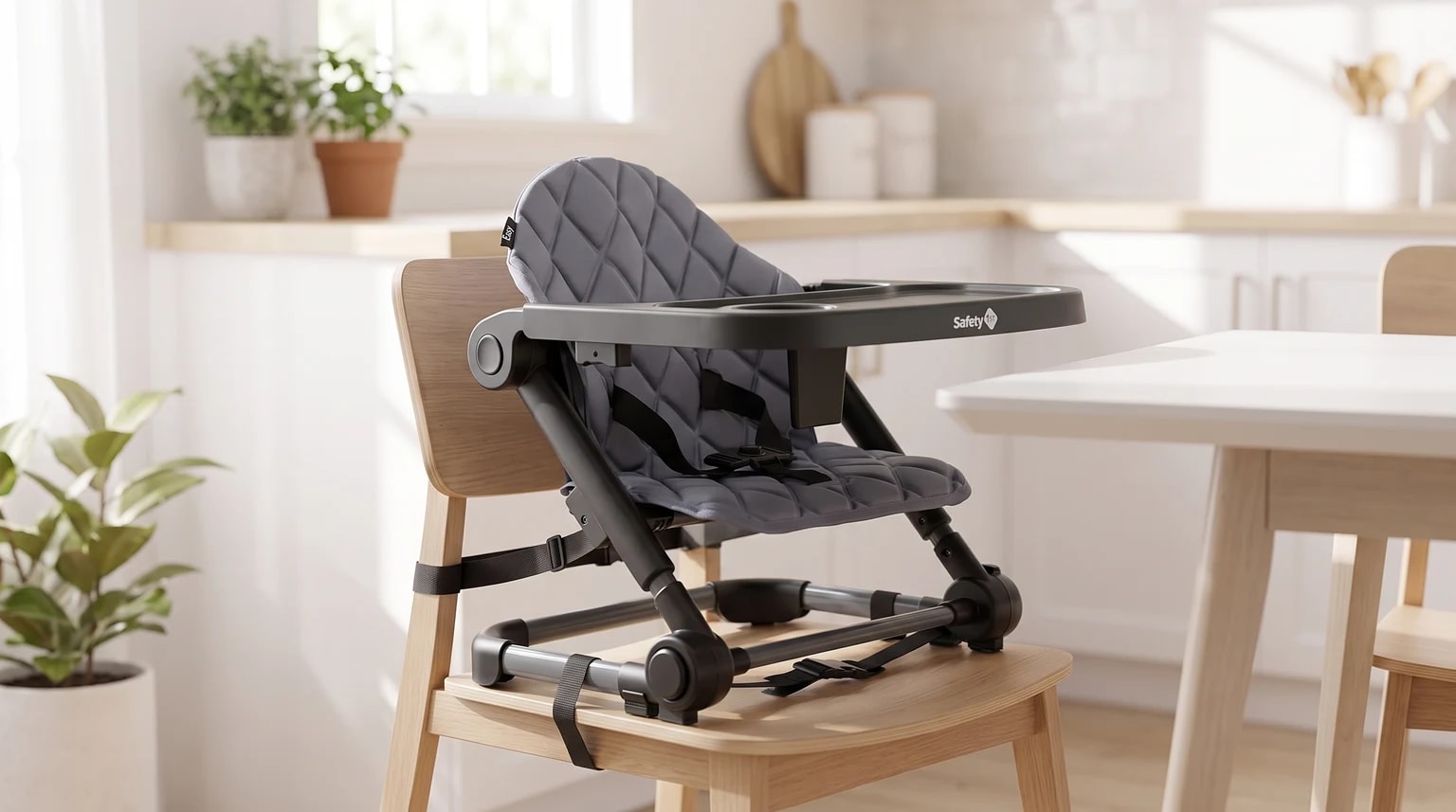 Cadeirinha de alimentação Safety 1st Easy nas cores cinza e preto, presa a uma cadeira de jantar de madeira em uma cozinha iluminada.