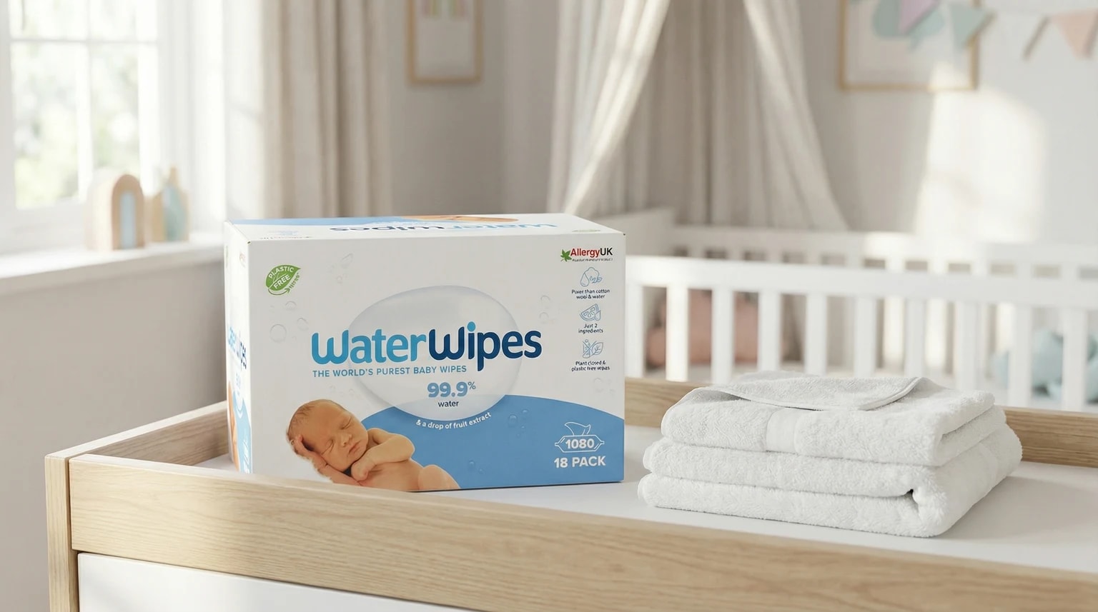 Caixa de toalhitas de bebé WaterWipes em cima de uma mesa de mudas de madeira clara, num quarto de bebé luminoso e sereno.