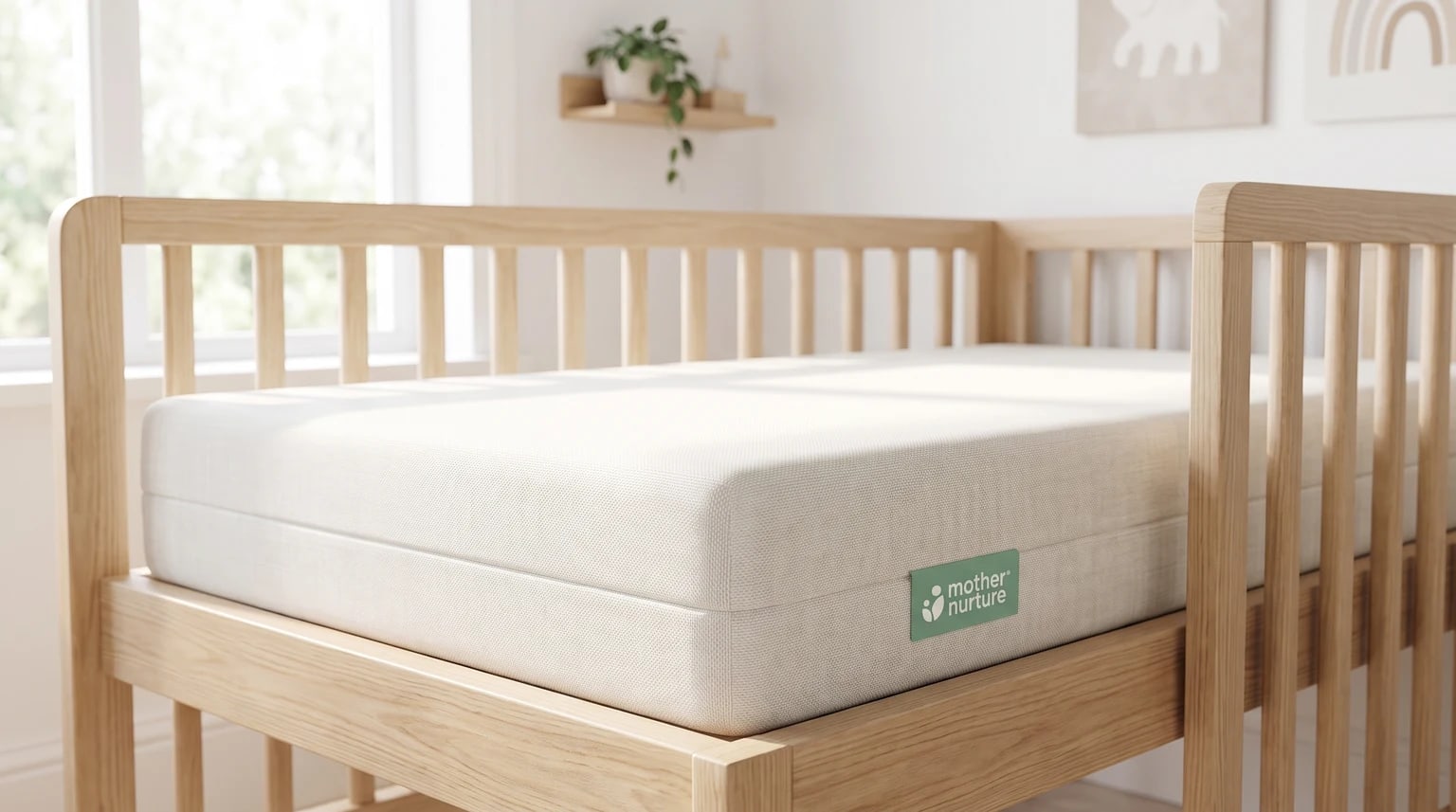 A white Mother Nurture cot mattress with a visible brand tag, sitting snugly in a light-coloured wooden cot bed.