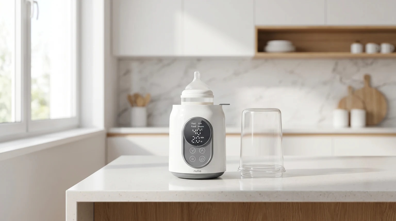 A white Nuliie baby bottle warmer with a digital display, heating a bottle on a clean kitchen worktop by a window.
