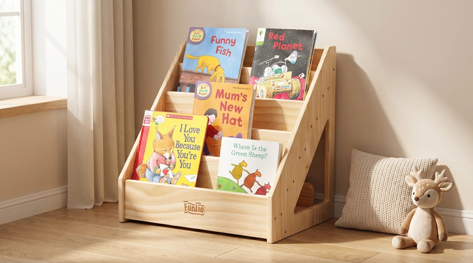 Estante de livros infantil Montessori da marca Funlio, em madeira clara, num canto de leitura de um quarto de criança bem iluminado.