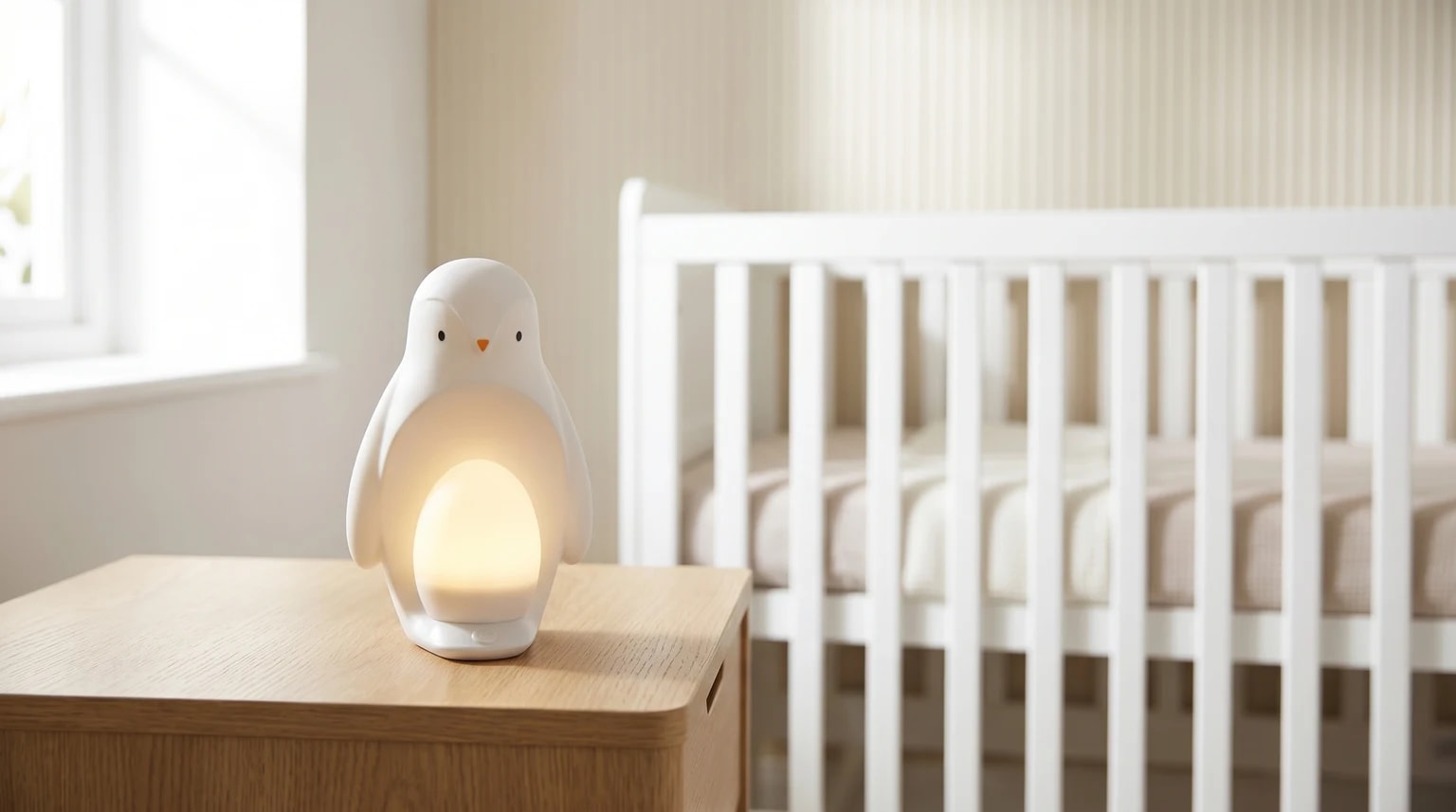 A white penguin-shaped nursery light casting a warm glow from a wooden table, with a baby's white cot in the background.