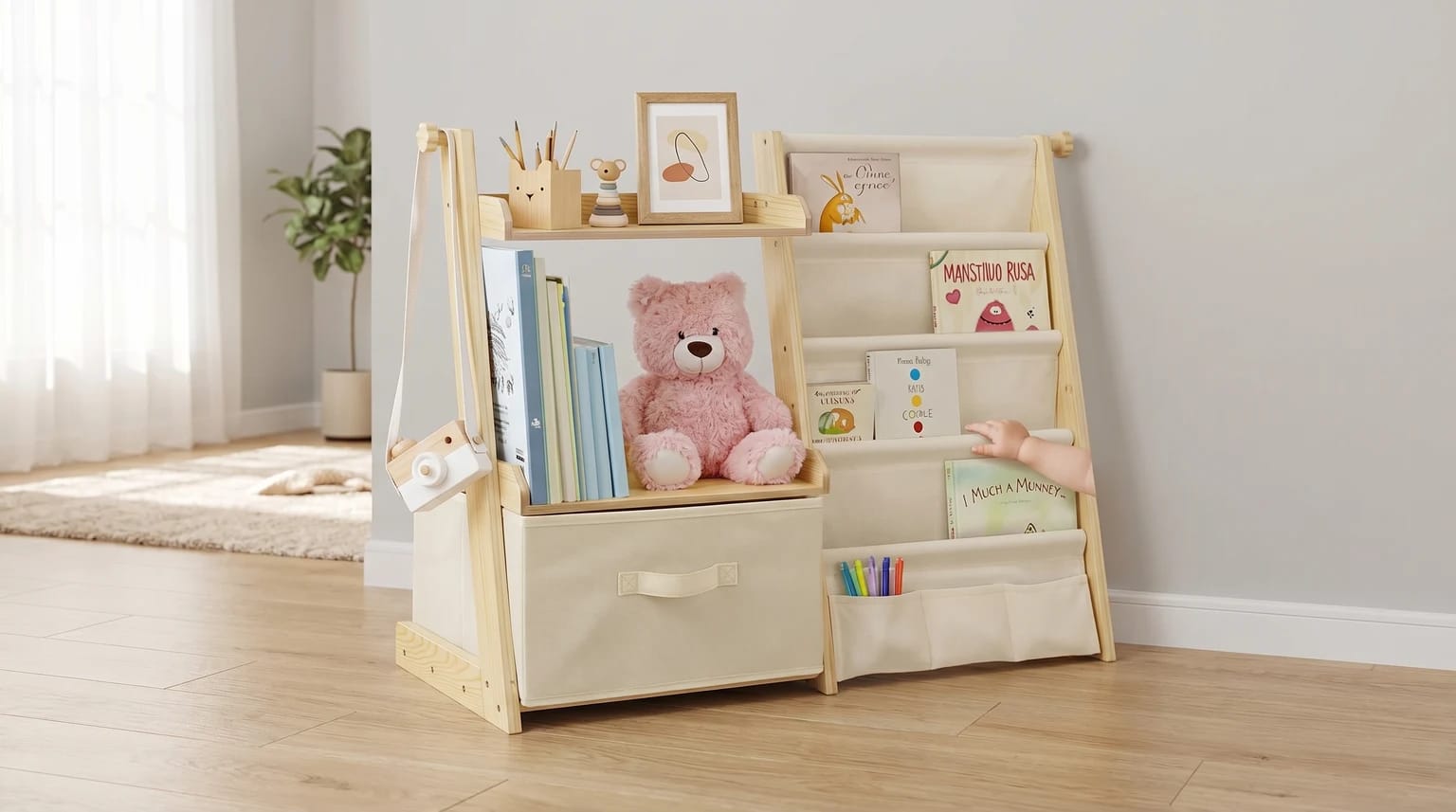 Estante de livros infantil em madeira clara e tecido creme, num quarto de criança luminoso e arrumado. Uma criança pequena está de costas a escolher um livro das prateleiras.