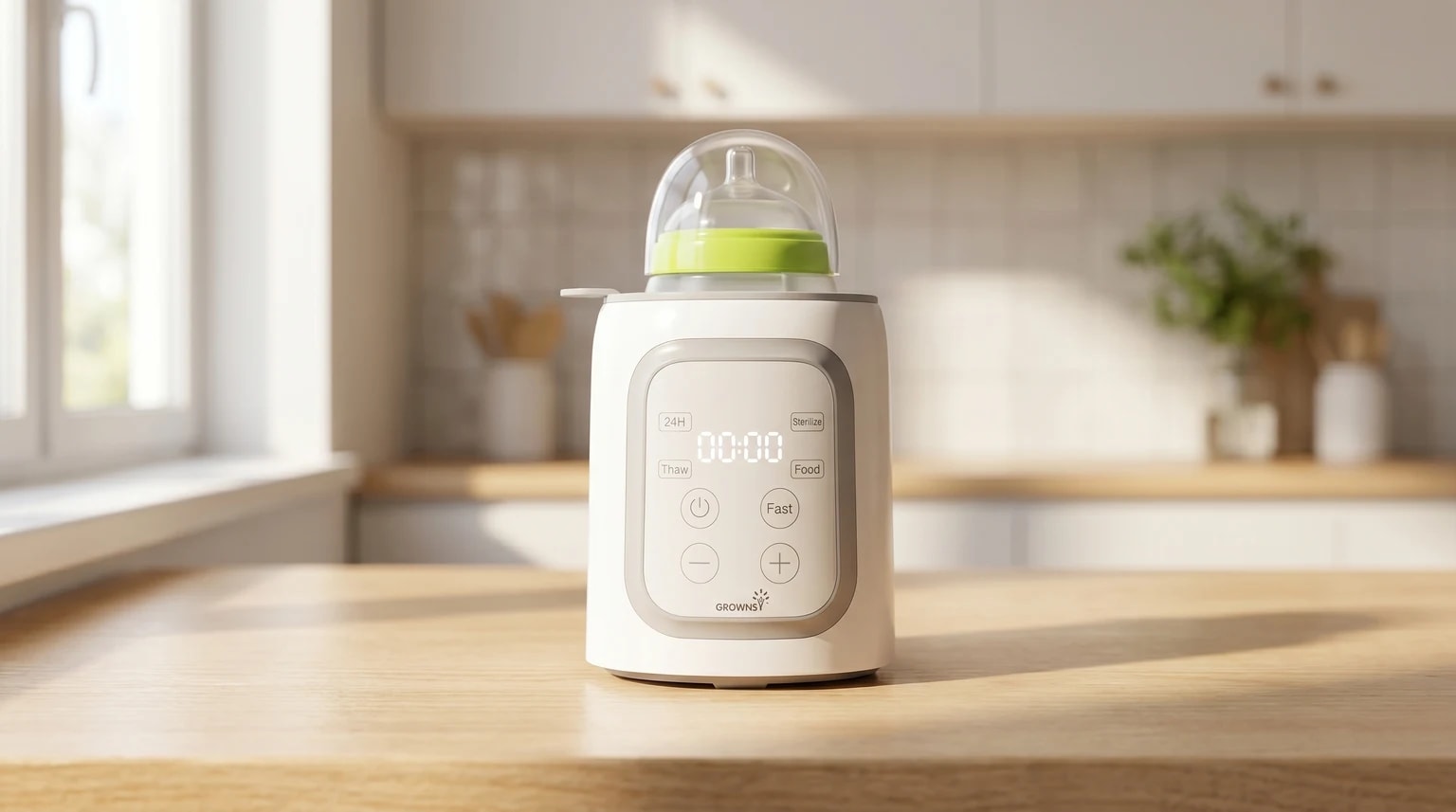 A white bottle warmer with a digital control panel sits on a sunlit wooden kitchen worktop, with a baby bottle inside.