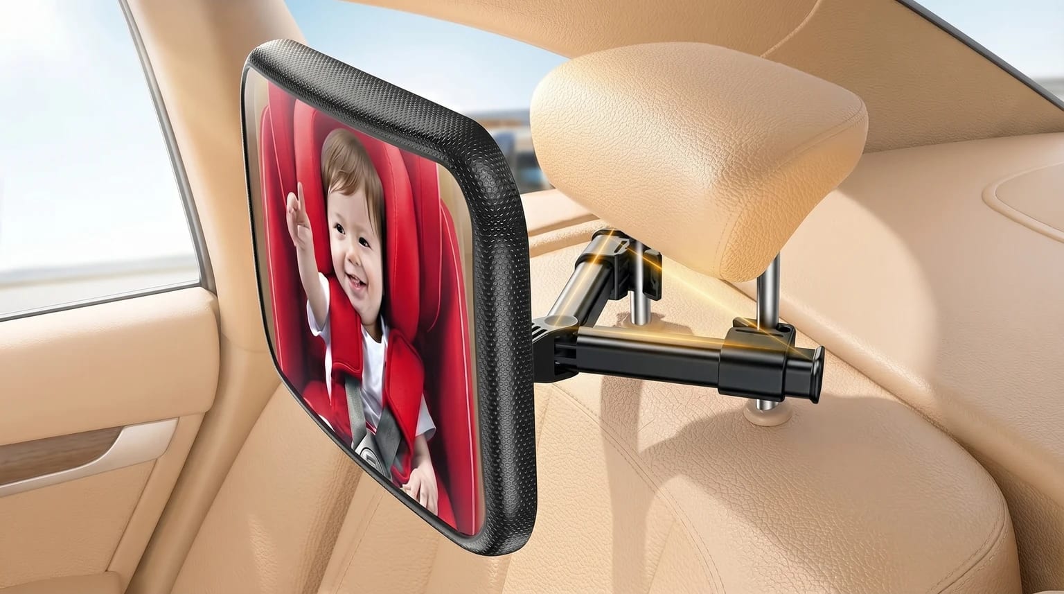 Espelho retrovisor de bebé preto, montado no encosto de cabeça de um carro moderno com interior claro. O espelho reflete o rosto sorridente de um bebé numa cadeirinha auto.