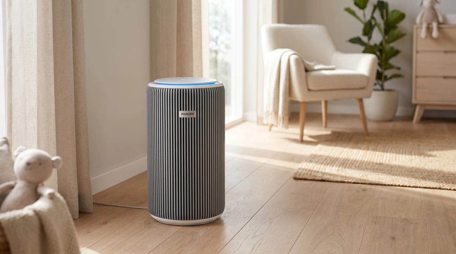 A grey and white striped Philips air purifier standing on a light wood floor in a sunny, neutrally decorated room.
