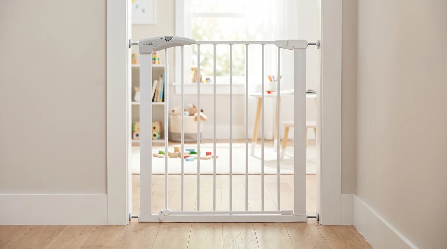 A white metal safety gate fitted in a doorway, blocking access to a sunlit children's playroom.