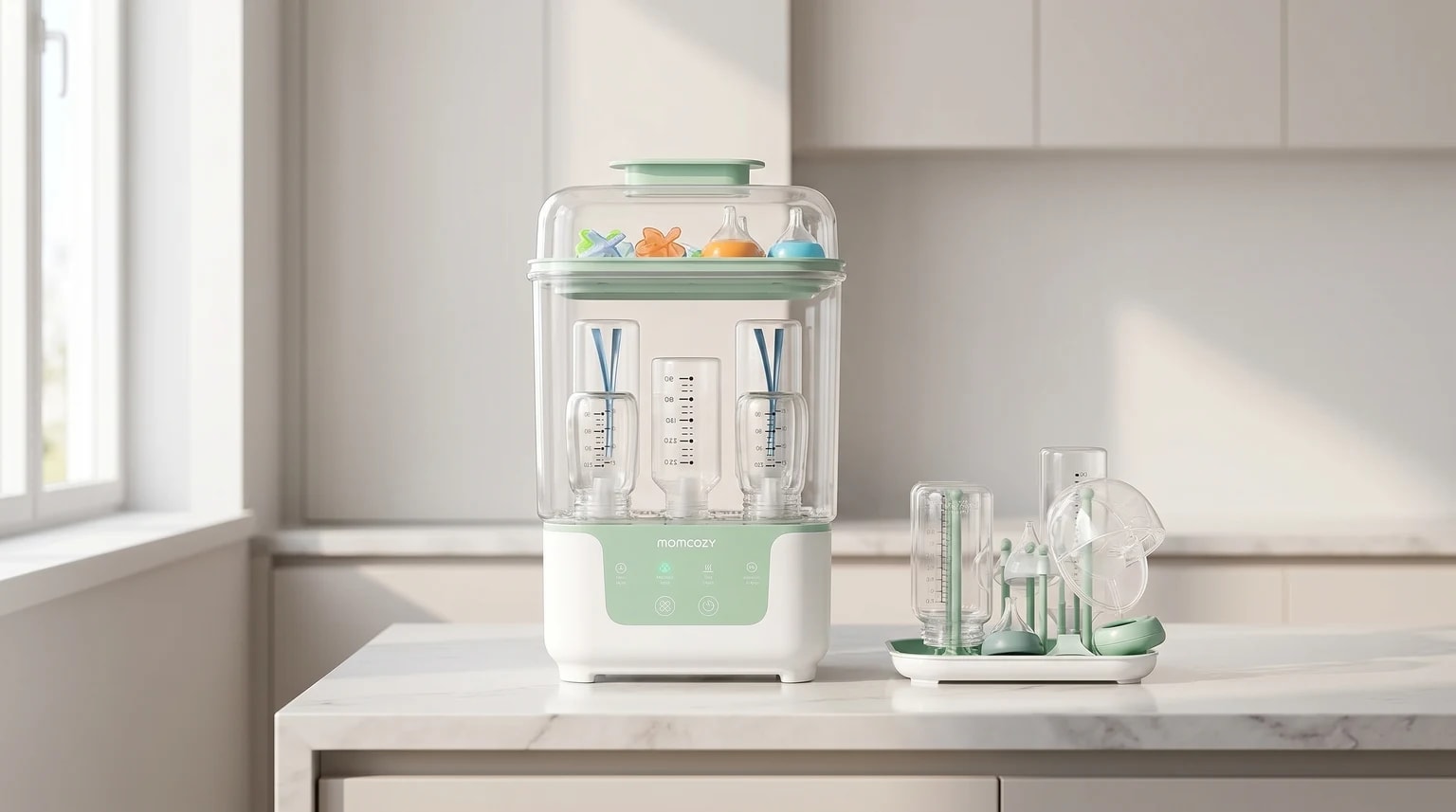 O esterilizador e secador de biberões Momcozy, em branco e verde menta, numa bancada de cozinha clara e moderna.