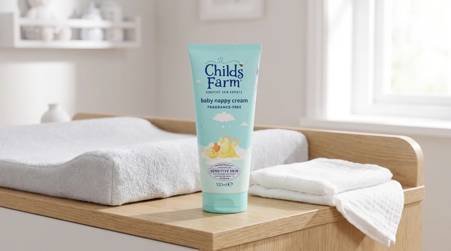 A tube of Childs Farm baby nappy cream on a wooden changing table, next to a soft changing mat and a pile of clean white cloths.