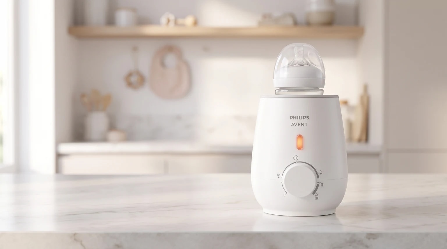 Aquecedor de mamadeira elétrico Philips Avent branco em uma bancada de mármore, com uma mamadeira dentro e a luz de aquecimento acesa.