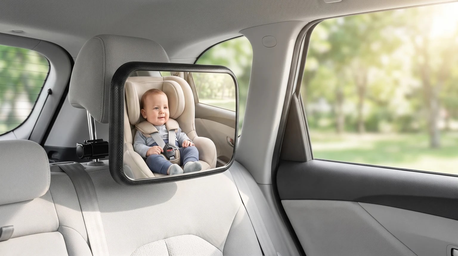 A Lamicall hook-clip baby car mirror attached to a rear headrest reflects a baby sitting in a rear-facing car seat.