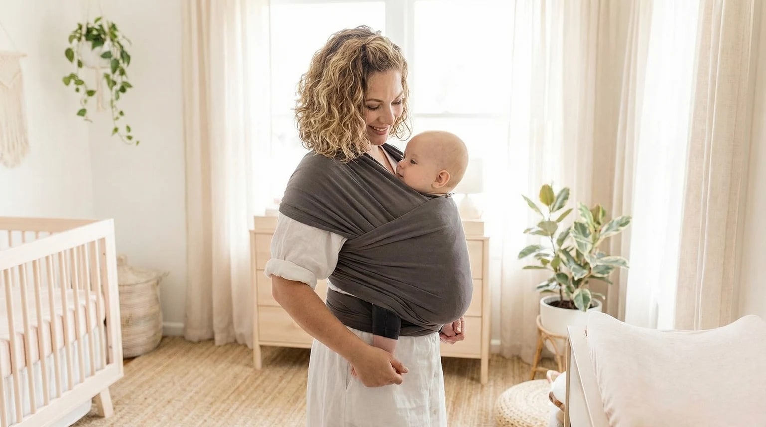 Mãe com o bebé ao peito num pano porta-bebés cinzento, num quarto de bebé calmo e luminoso.