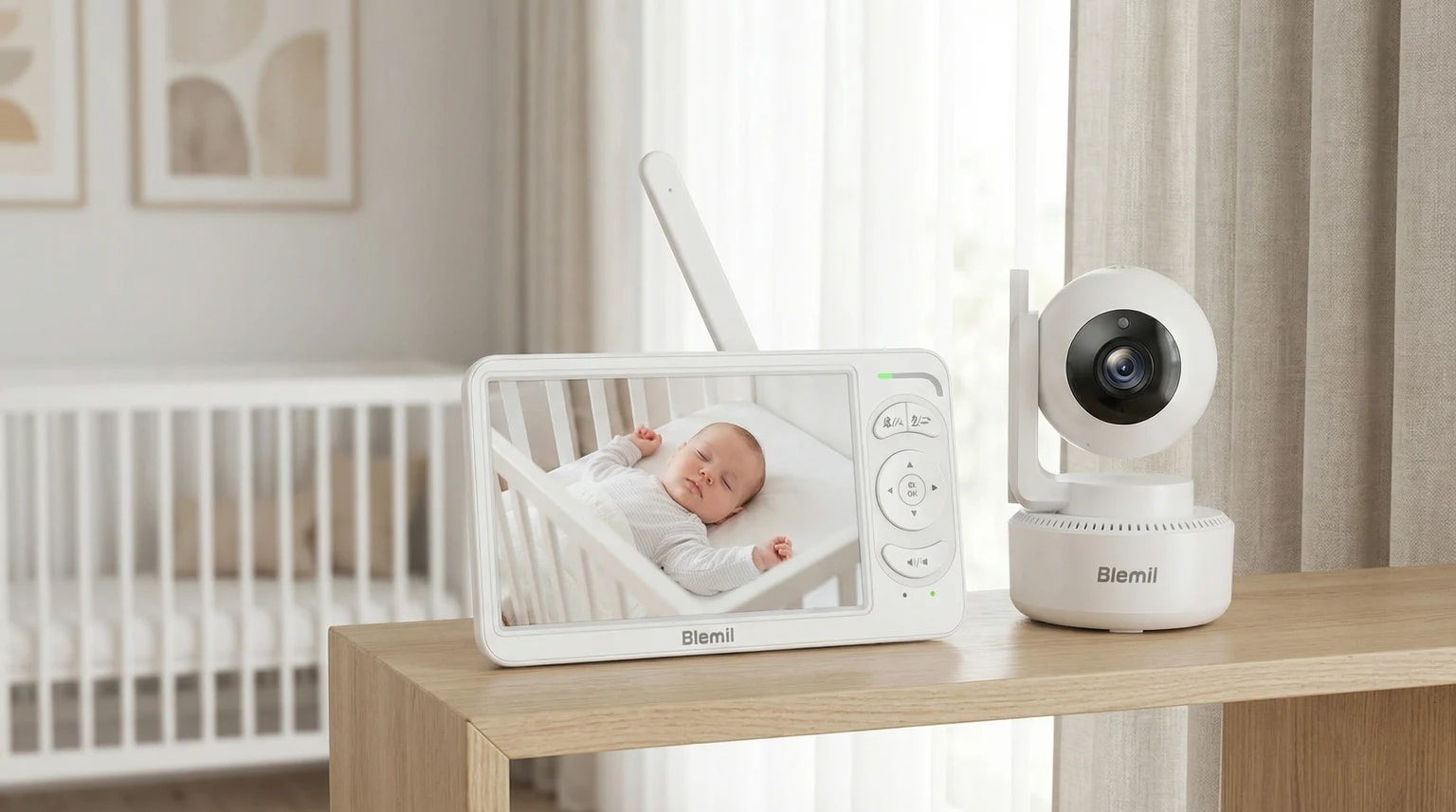 O intercomunicador de bebé da Blemil, com a câmara e o monitor, sobre uma prateleira de madeira num quarto de bebé luminoso e tranquilo.