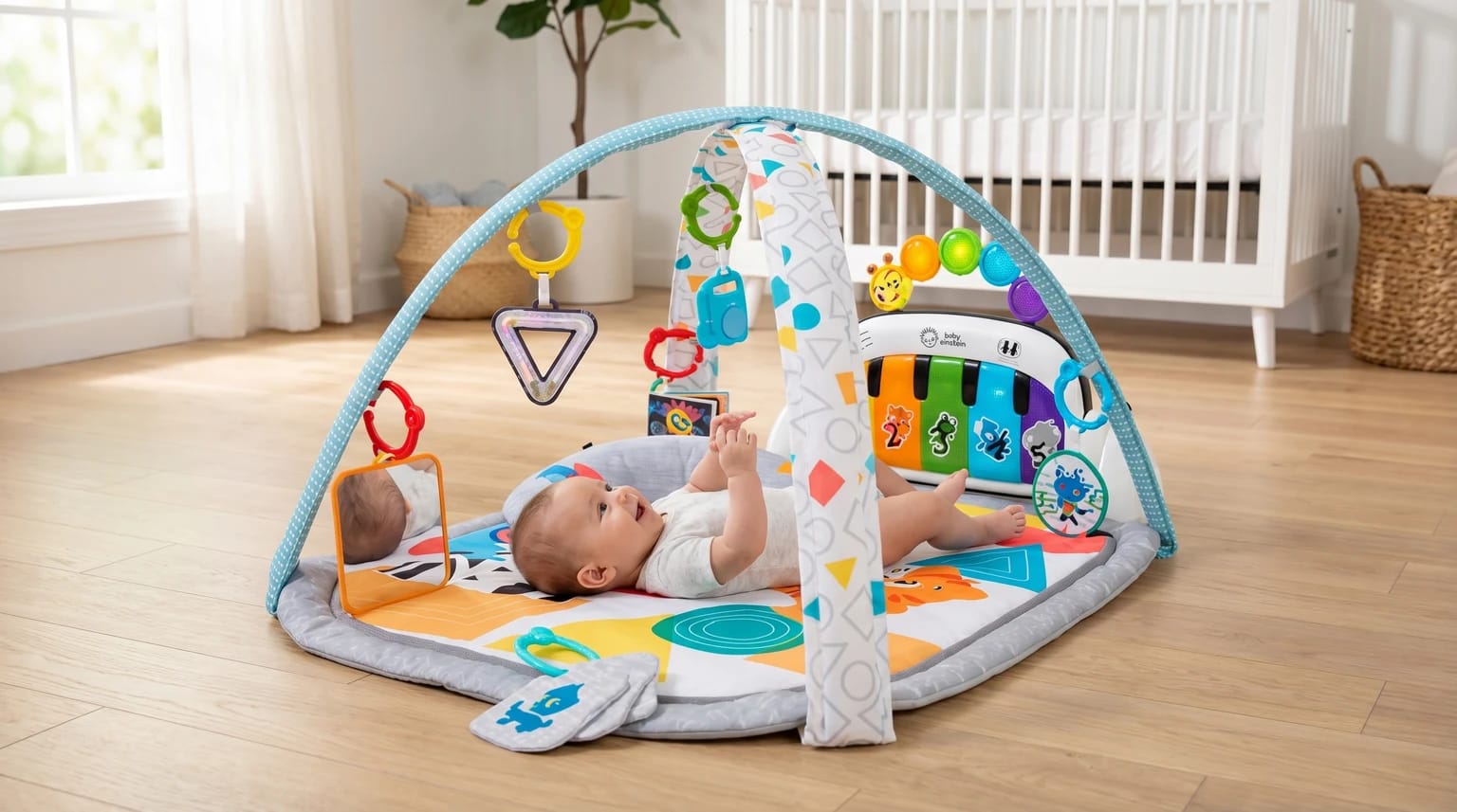 Ginásio de atividades para bebé Baby Einstein 4-em-1, montado num chão de madeira claro de um quarto de bebé soalheiro.