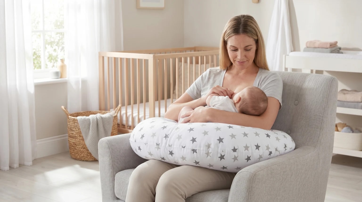 A mother breastfeeds her baby in a comfortable armchair, using a white nursing pillow with a grey star pattern for support.