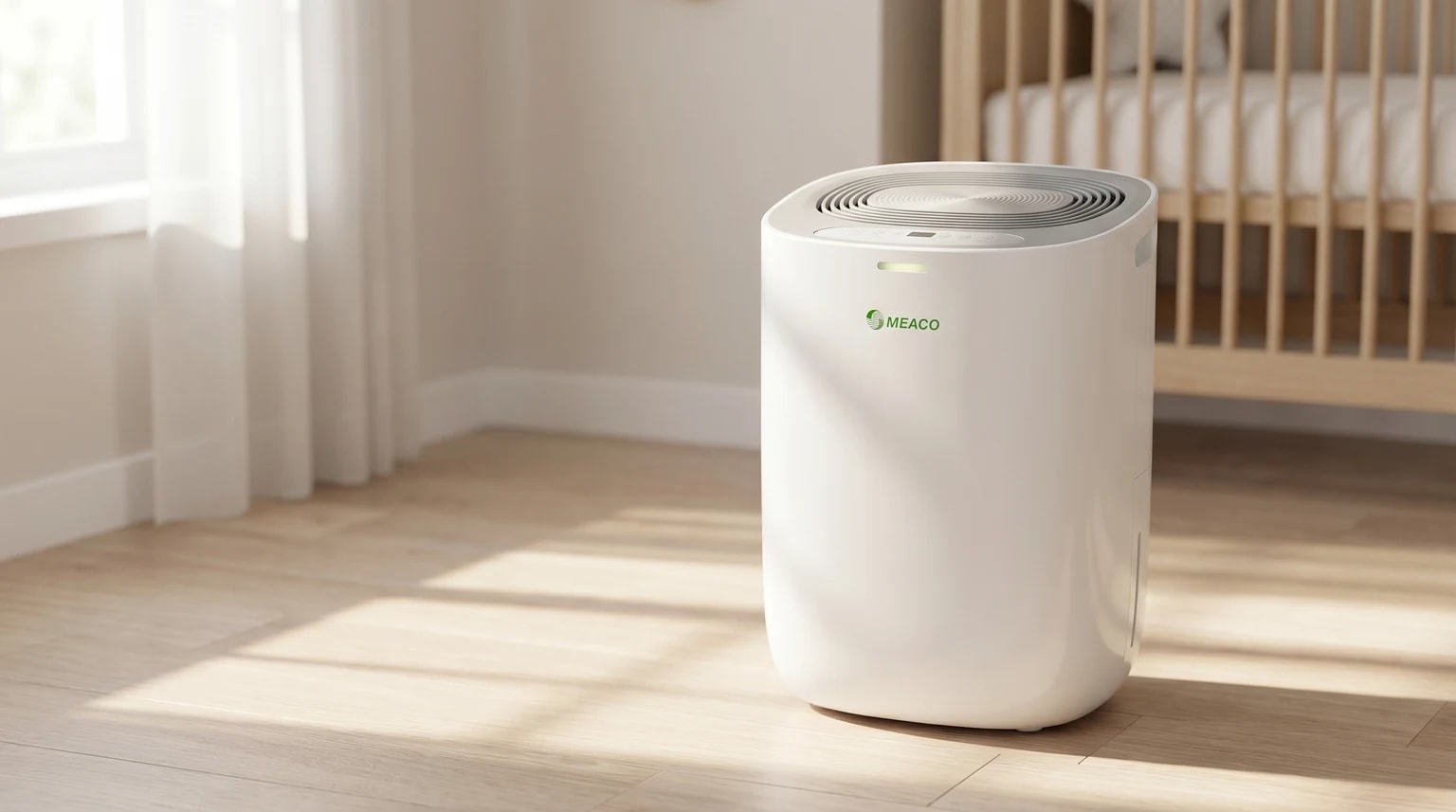 A white Meaco dehumidifier on a sunlit wooden nursery floor, with a cot softly blurred in the background.
