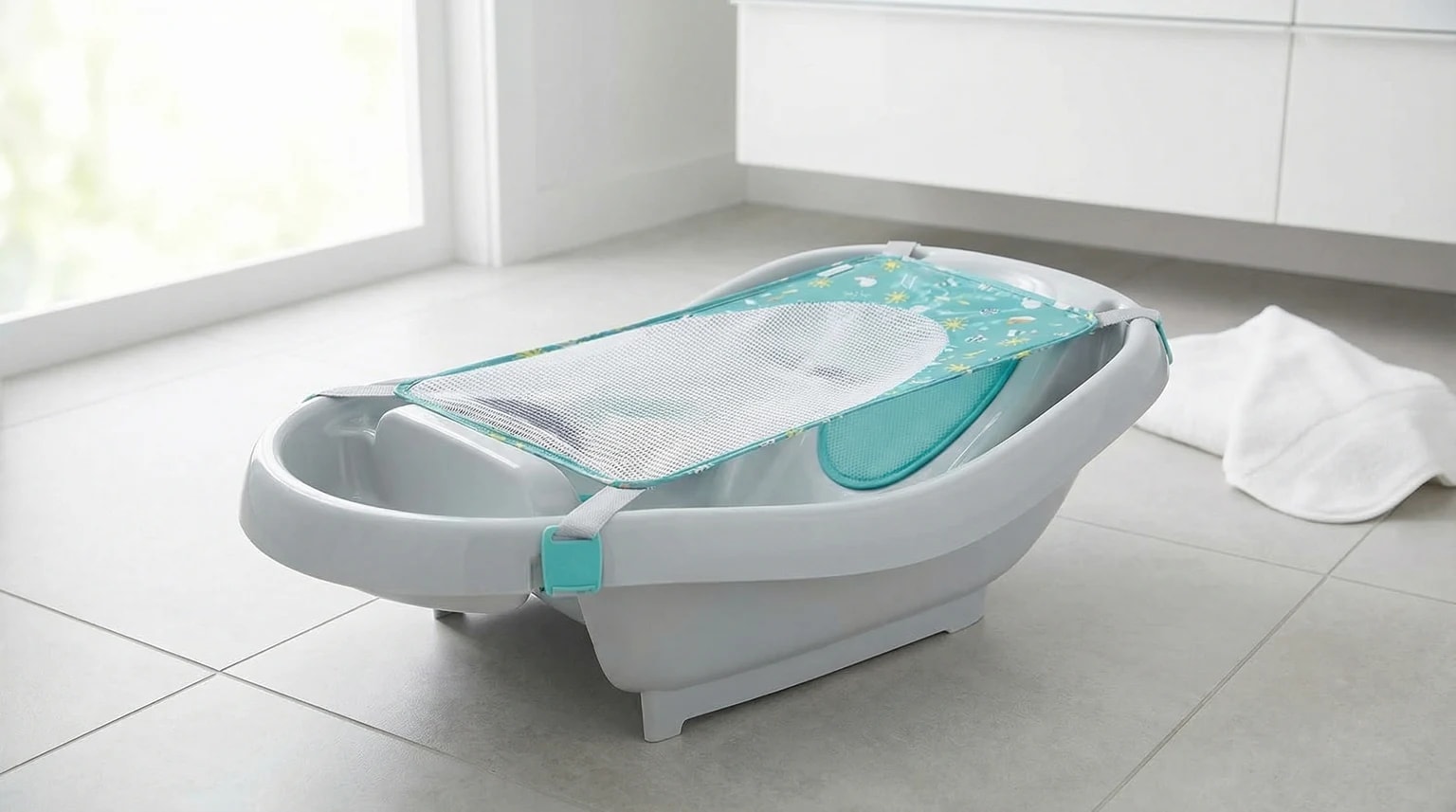 Banheira de bebé Ingenuity cinzenta clara com um suporte de rede turquesa, pousada no chão de uma casa de banho moderna e luminosa.