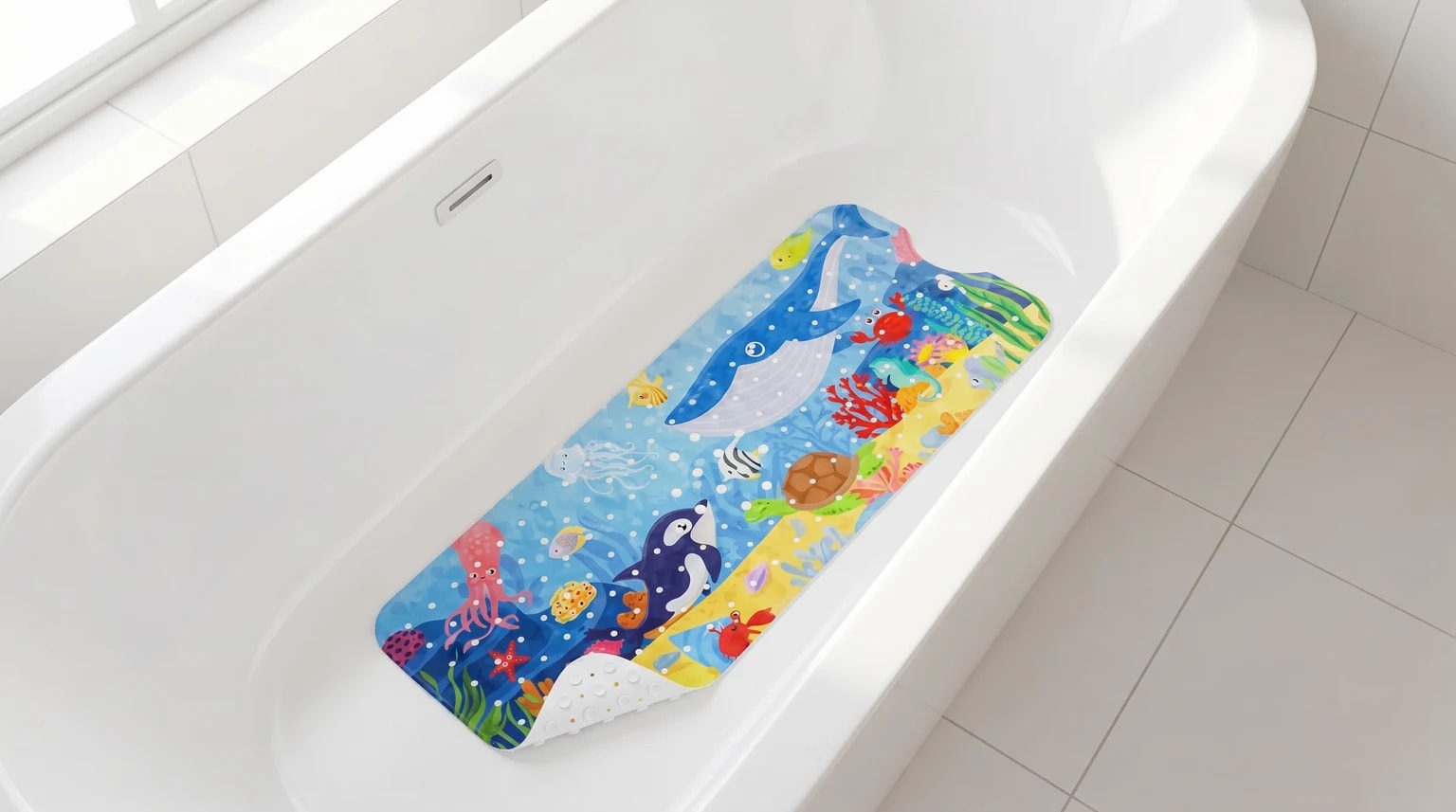 Tapete antiderrapante infantil com padrão colorido de animais marinhos pousado no fundo seco de uma banheira branca e luminosa.