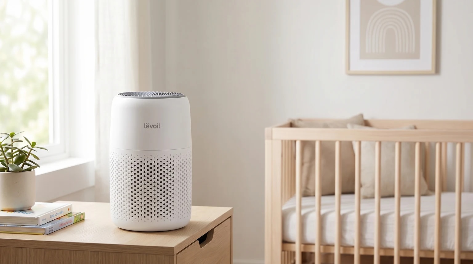 Purificador de ar branco Levoit Core Mini sobre uma mesa de cabeceira de madeira clara, ao lado de um berço de madeira.